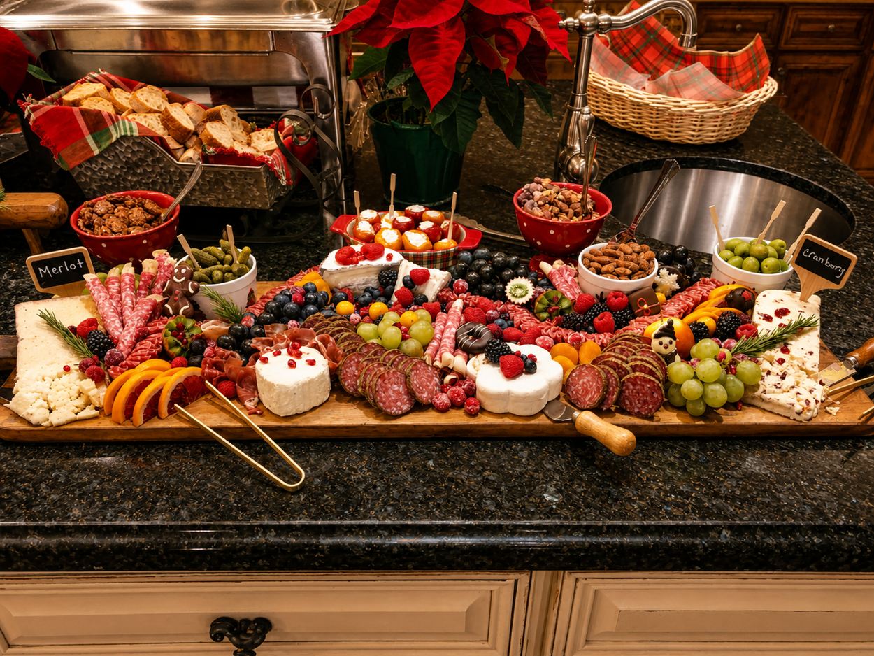 Large holiday charcuterie spread with cheeses, cured meats, fruit and dips