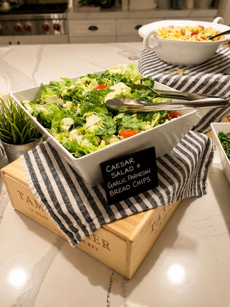 Caesar salad with parmesan and garlic bread chips beside a labeled sign
