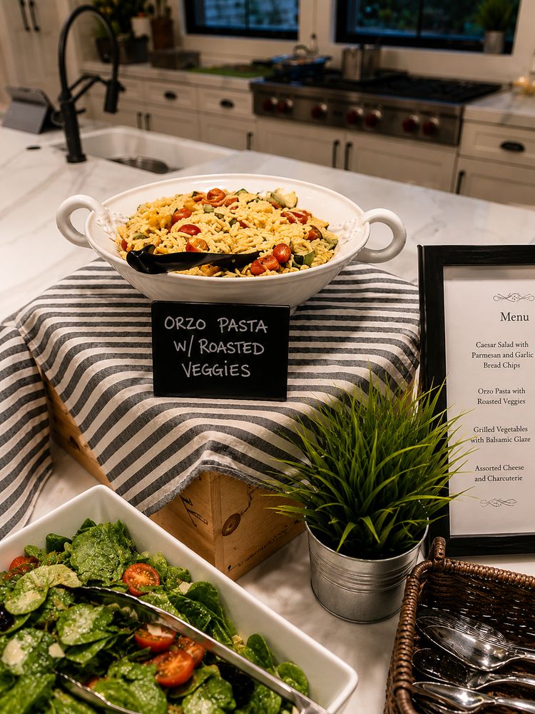 Orzo pasta with roasted vegetables served beside a printed menu card