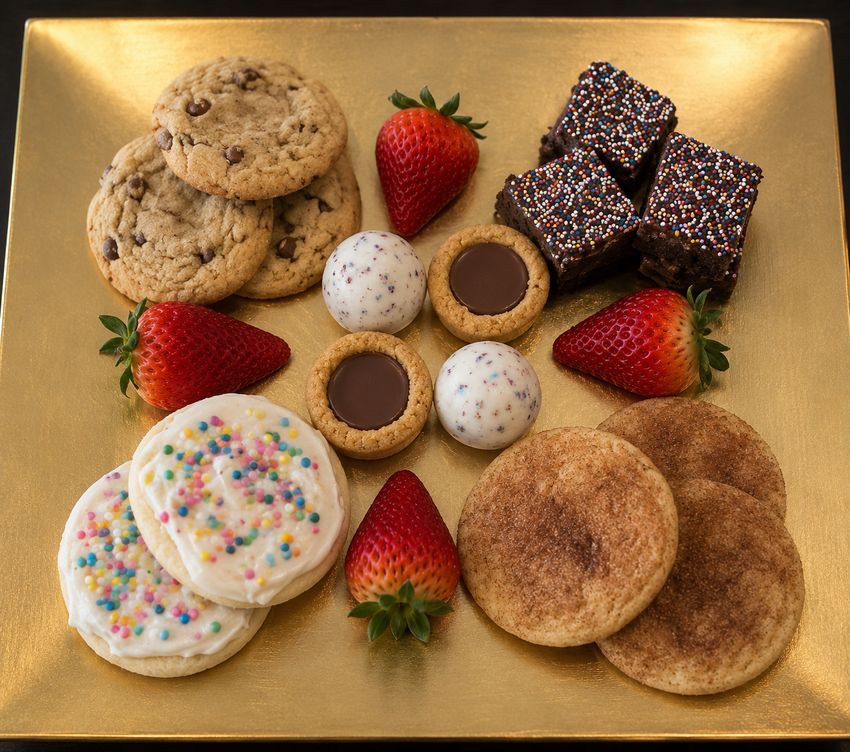 Dessert tray with cookies, brownies, tarts and fresh strawberries