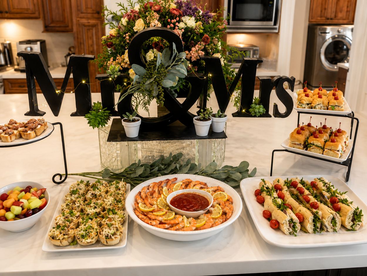 Wedding buffet with Mr and Mrs letters, shrimp platter and appetizers