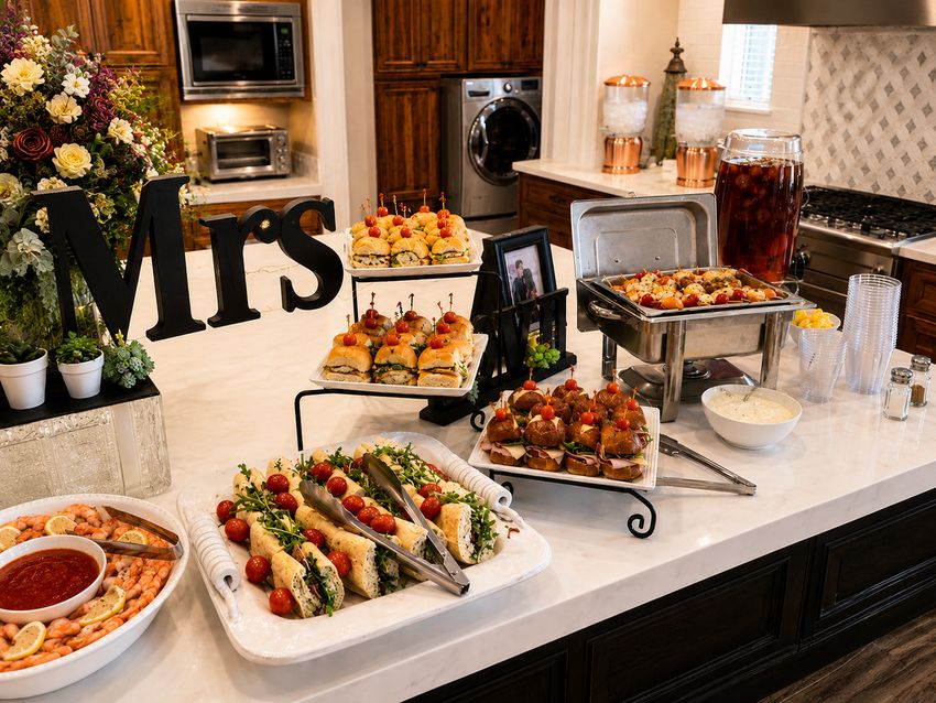 Wedding shower spread with platters, shrimp and chafing dish