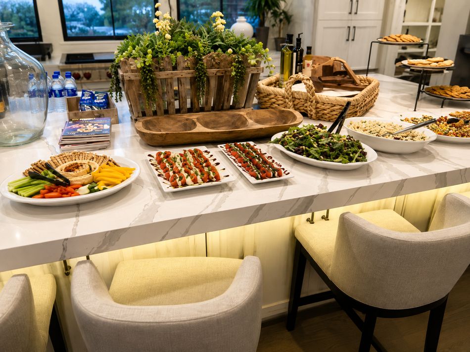 Buffet spread laid out on a kitchen island with seating