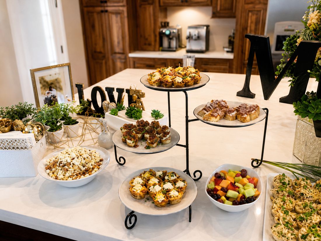 Wedding shower display with tiered stands, appetizers and LOVE letters
